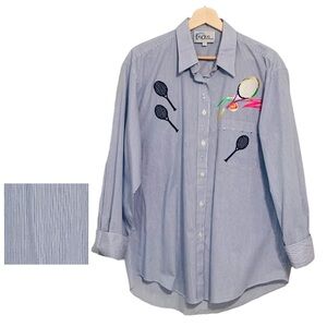 Las Olas Tennis Embroidered Button Up Top Long Sleeves Large Blue White Striped